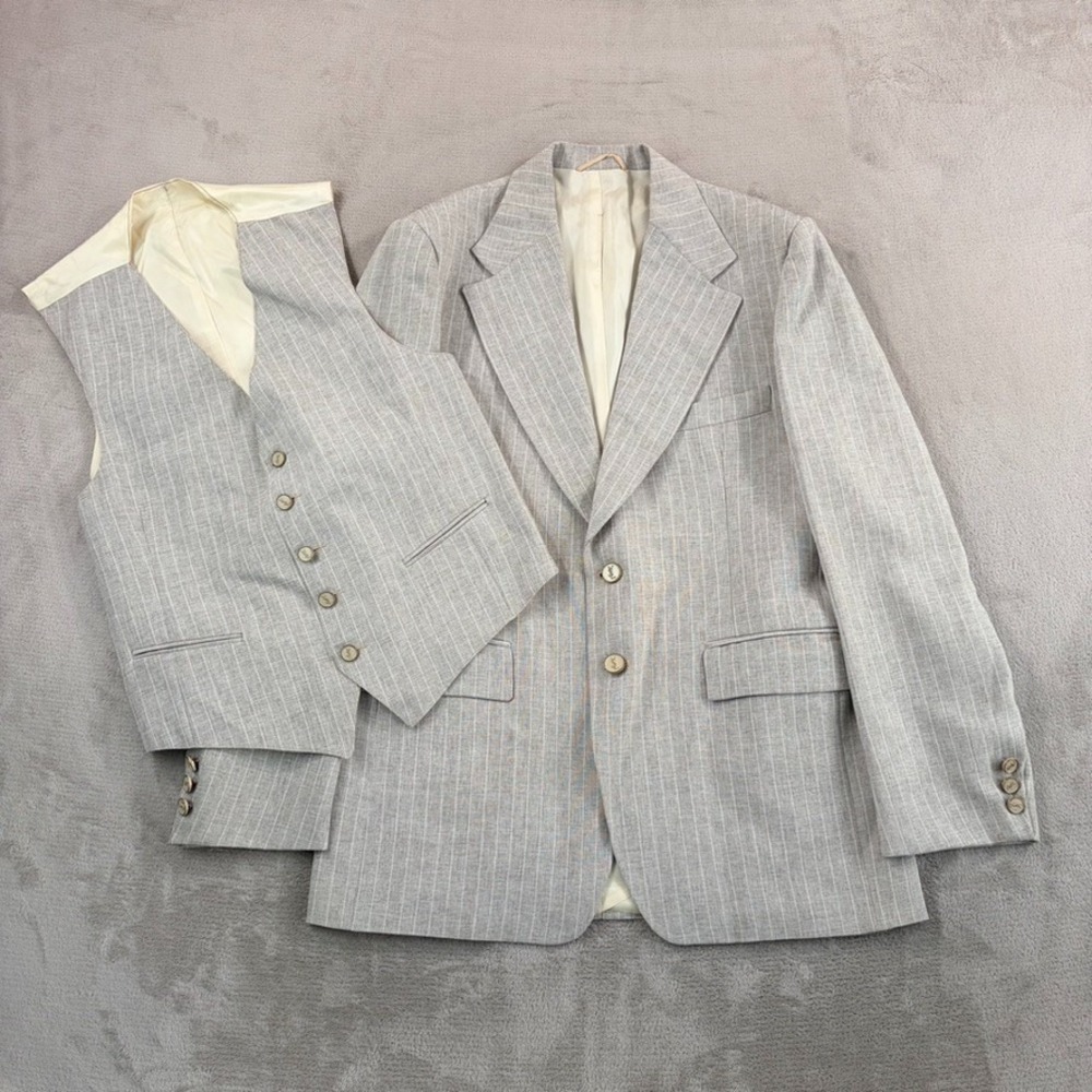 Vintage Yves Saint Laurent Blazer & Vest Suit Set Grey Men 42 Gold Logo Buttons